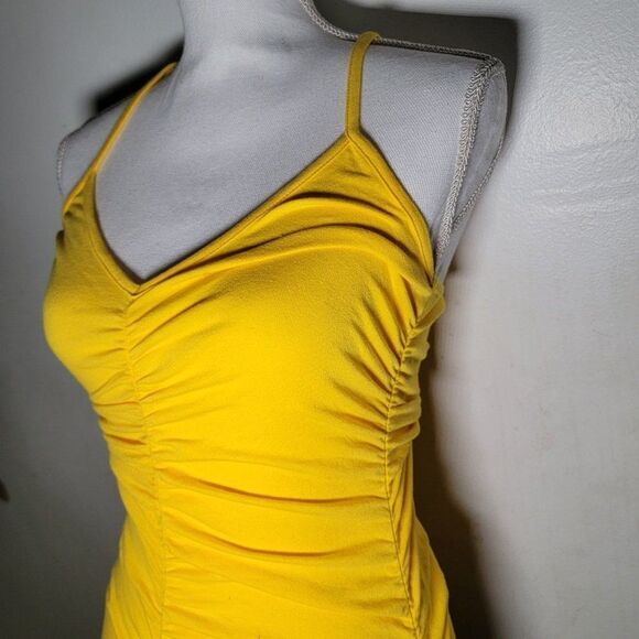 Yellow Cabbage Womens Yellow V Neck Spaghetti Strap Scrunch Mini Dress Sz Small - Picture 4 of 5
